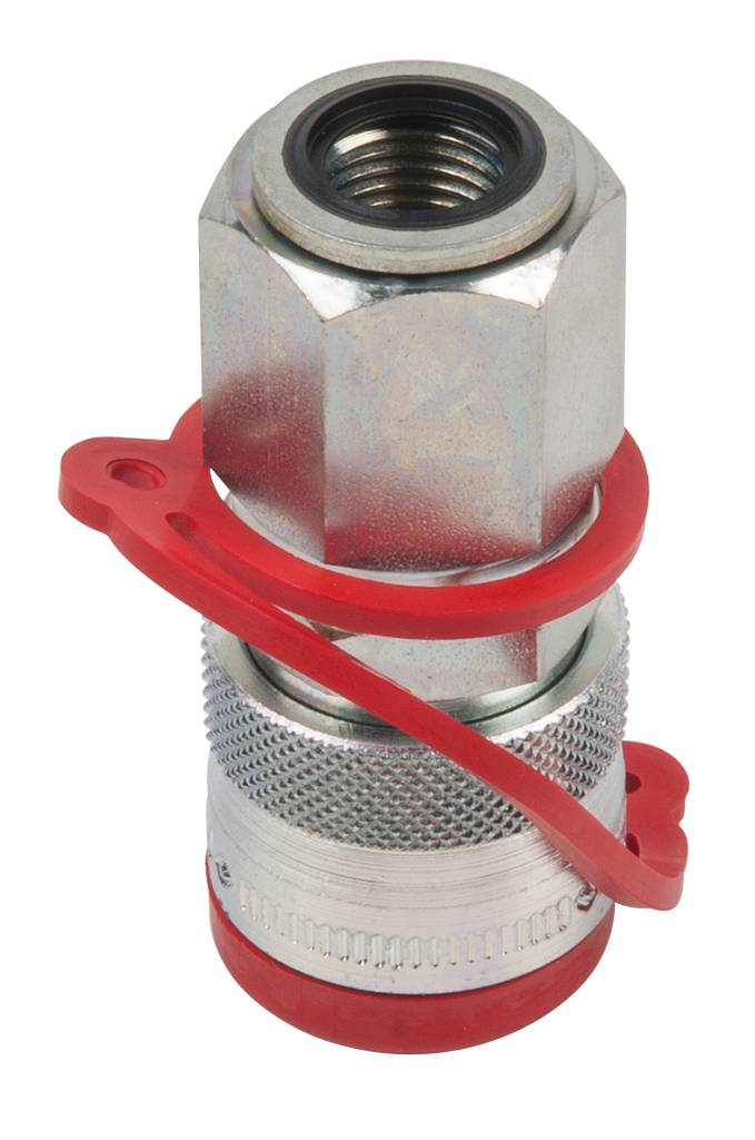Metallischer Schnellverschlussstecker mit rotem Sicherheitsclip für industrielle Anwendungen.
