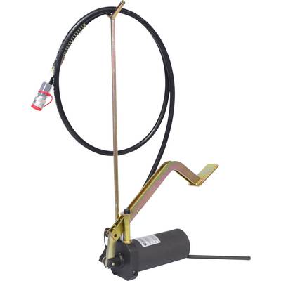 Eine Handpumpe mit langem Schlauch und Hebel, geeignet für den Einsatz in hydraulischen Systemen zur Förderung von Flüssigkeiten.