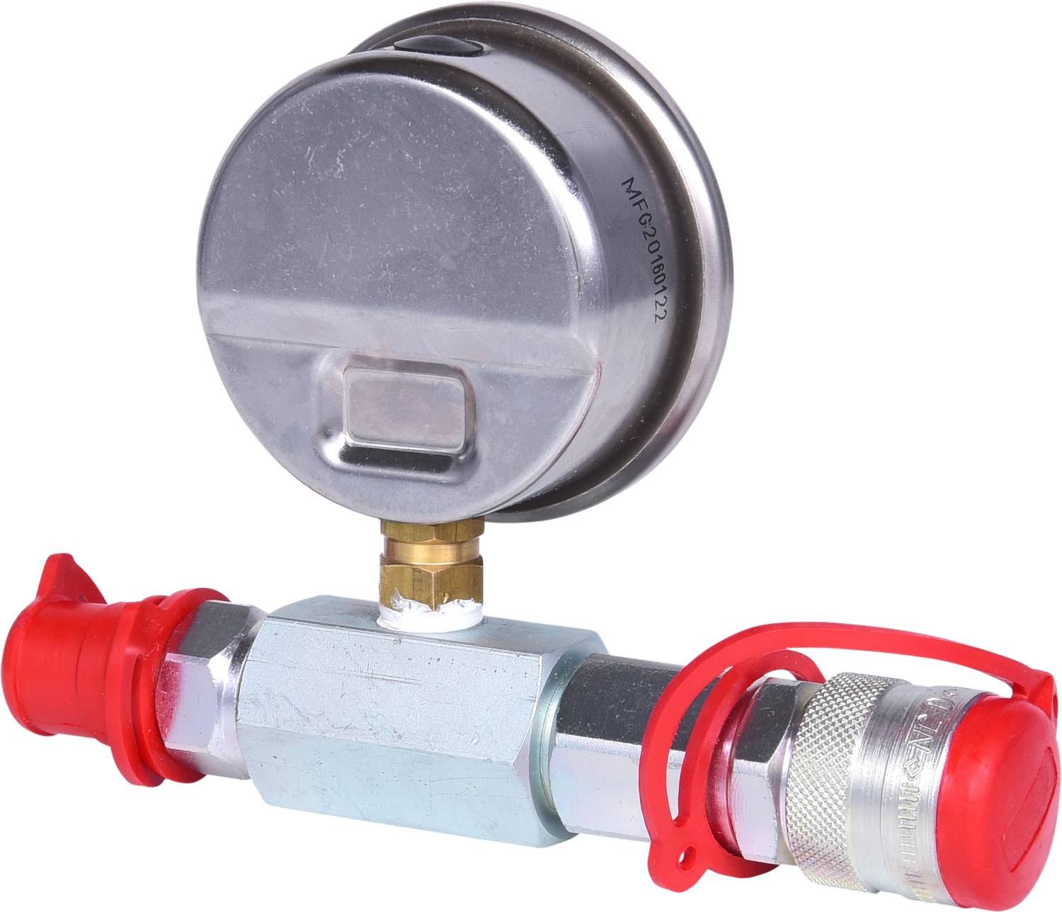 Ein Manometer mit rundem Zifferblatt und zwei roten Schutzkappen an den Anschlüssen. Hauptsächlich für Druckmessungen verwendet.