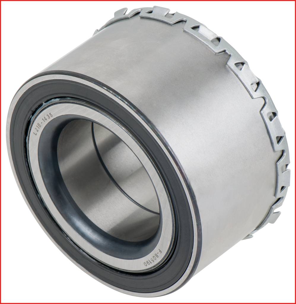 Zylinderförmiges Metalllager, hauptsächlich aus silbernem Material mit schwarzen Dichtungen, möglicherweise für Maschinenbauanwendungen.