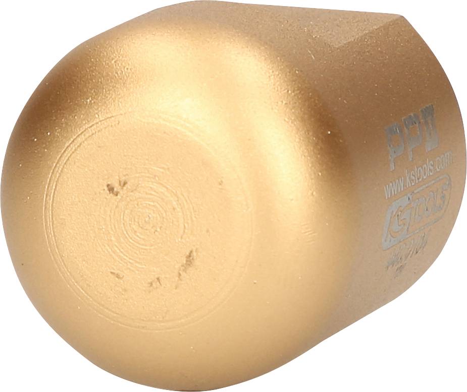Goldene Gasflasche mit eingebautem Ventil, Aufdruck 'PPT' und Website 'www.ksbdvs.com', verwendet für Druckluftgeräte.
