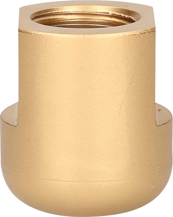 Goldener, zylindrischer Metalladapter mit Gewindeöffnung oben, verwendet für Rohrverbindungen oder mechanische Befestigungen.