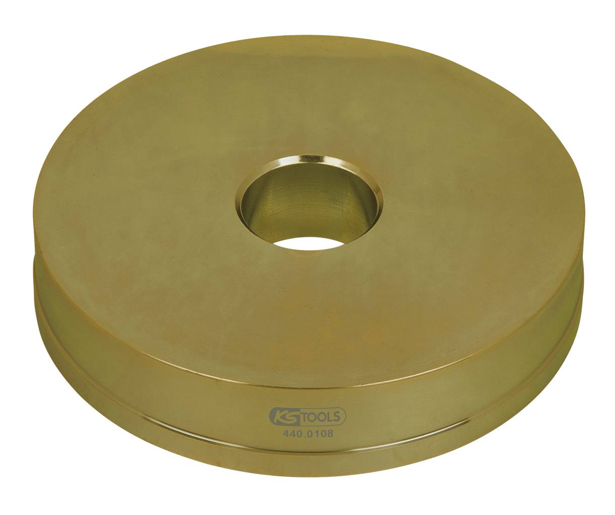 Metallscheibe mit zentralem Loch, goldfarben, auf glattem Hintergrund.
