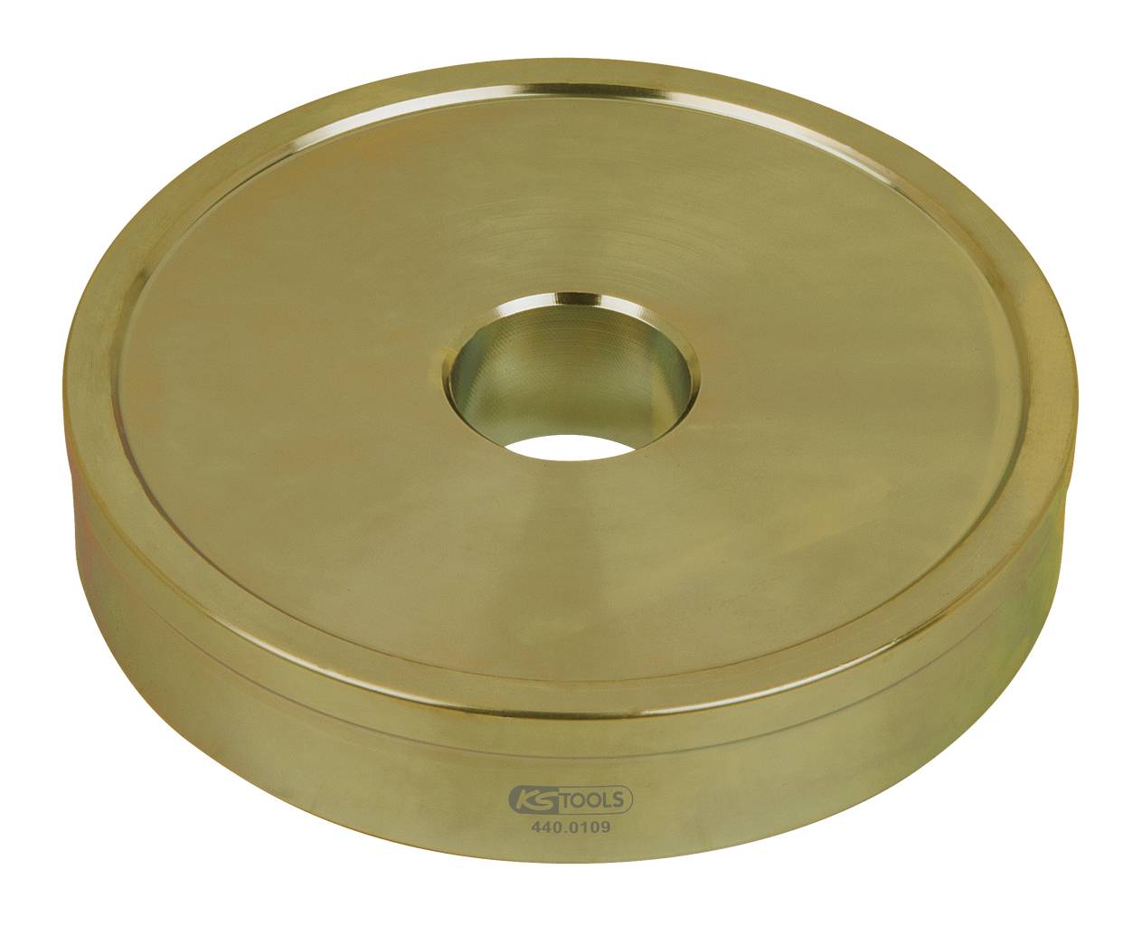 Metallscheibe mit mittlerem Loch, glatt und glänzend, mit der Markierung 'KS TOOLS 440.0109'.