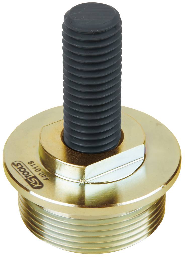 Messingfarbener Zylinder mit geriffelten Randdetails und schwarzem Gewinde, kennzeichnet sich als industrielles Bauteil oder Adapter.