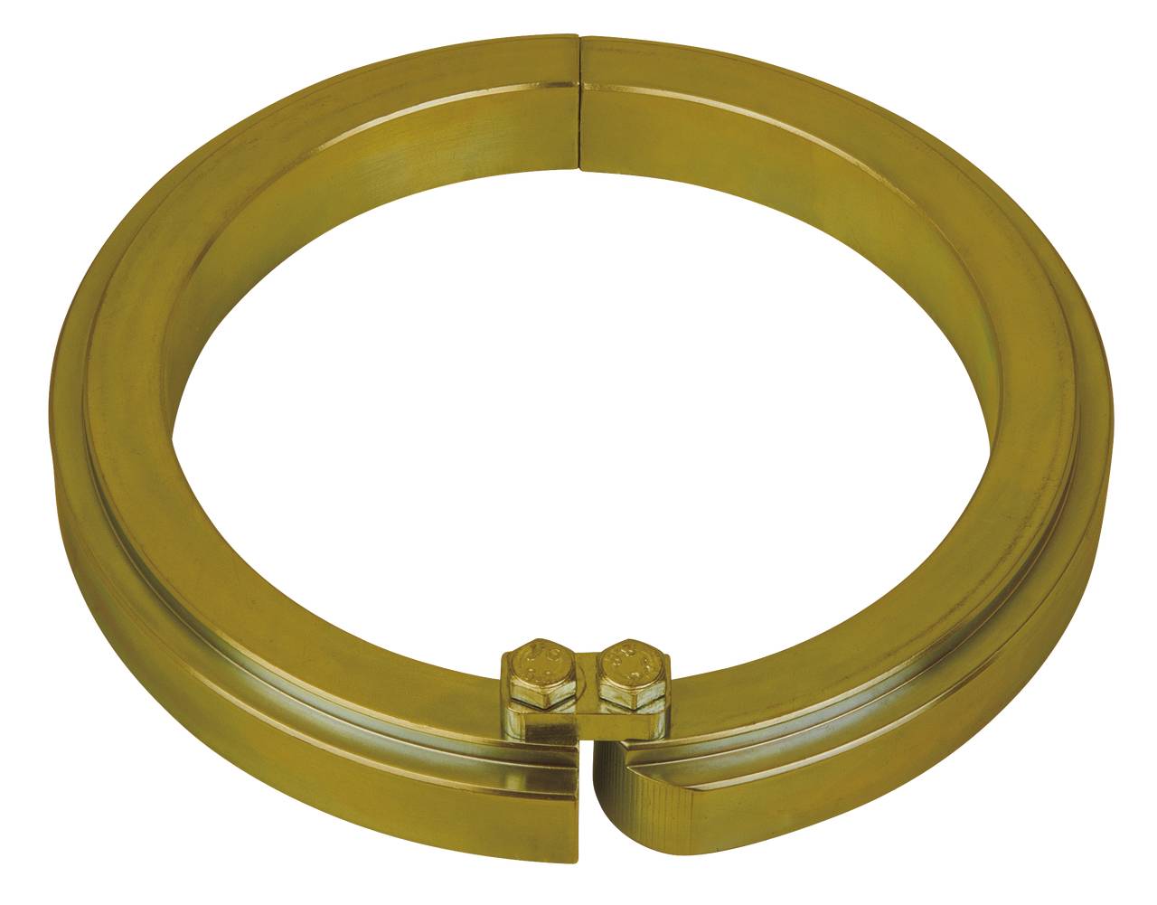 Ein massiver, messingfarbener Ring mit zwei Scharnieren und zwei Schrauben an der Verbindungsstelle, typischerweise als Verschluss verwendet.