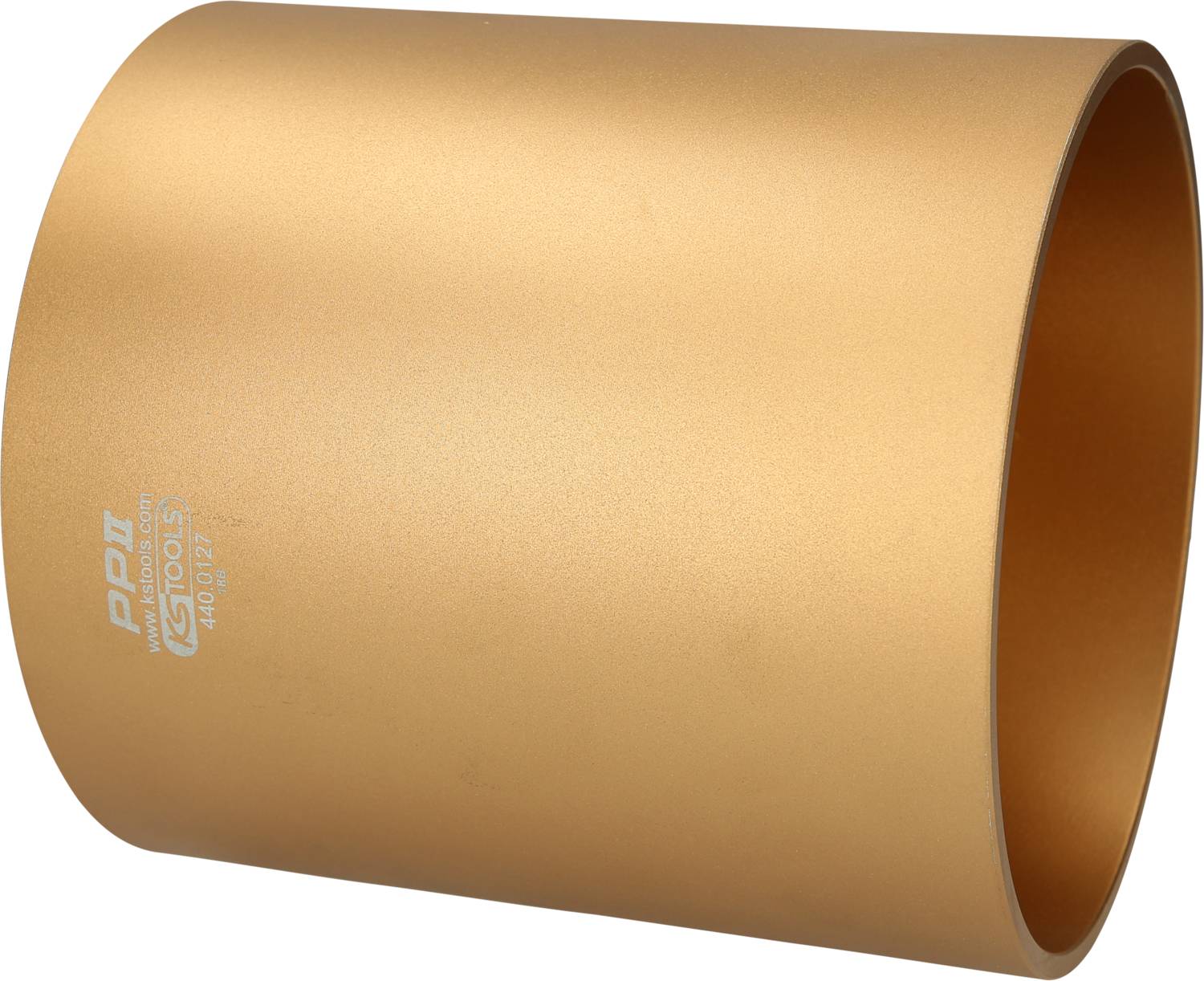 Goldener Zylinder aus metallischem Material, mit glänzender Oberfläche und einem Logo mit der Aufschrift 'PPI'.
