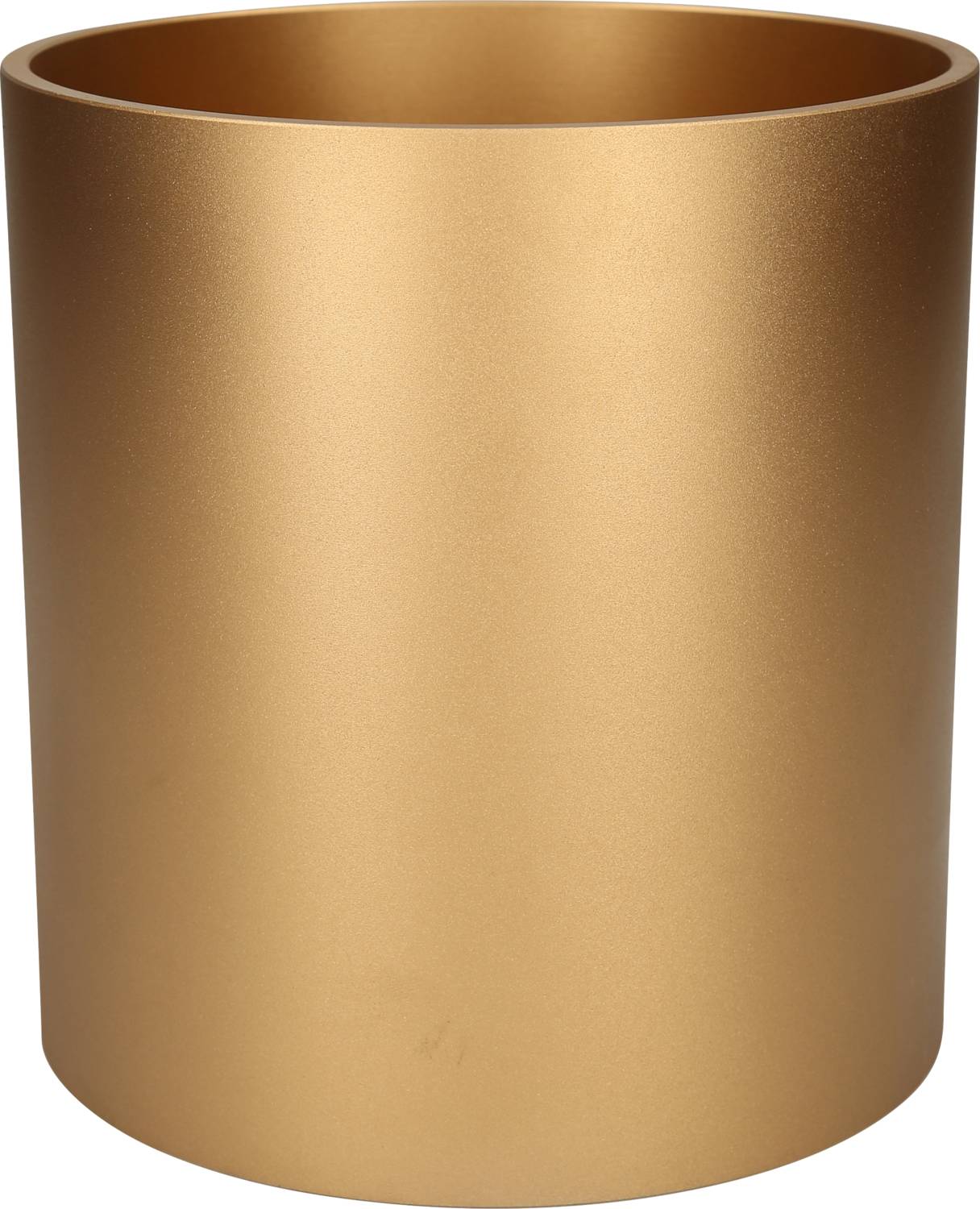 Goldener, zylindrischer Mülleimer ohne sichtbare Details auf neutralem Hintergrund.