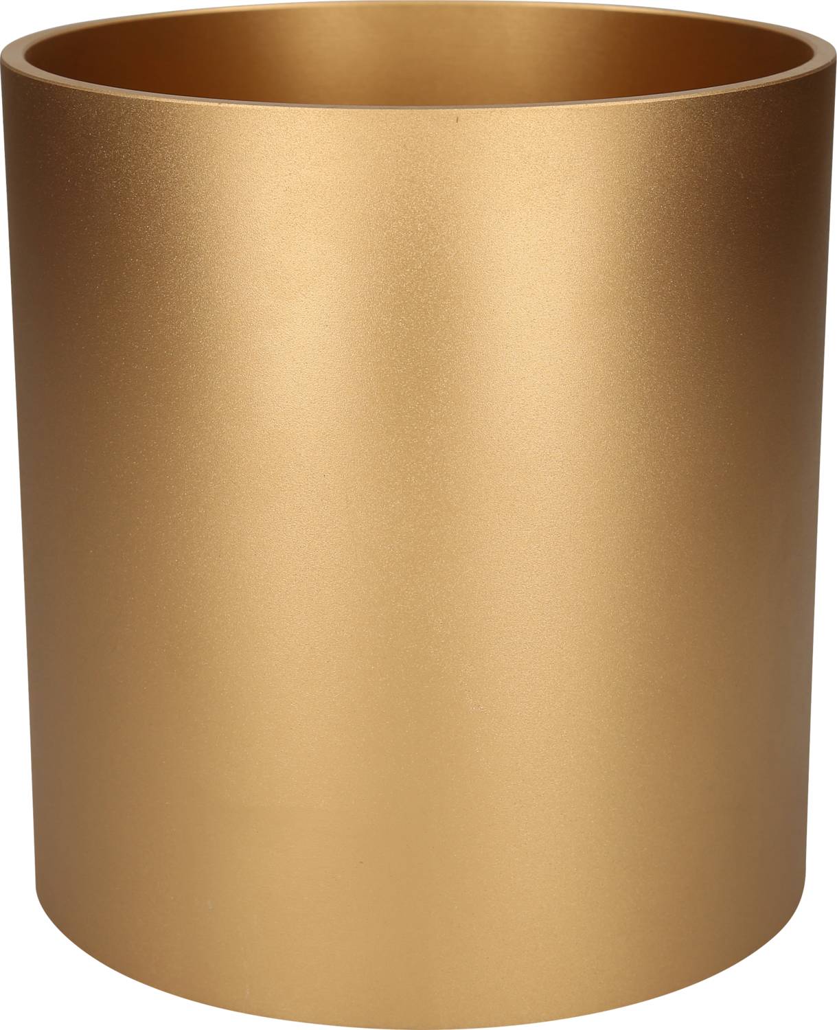 Ein goldener, zylindrischer Behälter ohne sichtbare Markierungen oder Verzierungen. Glänzende Oberfläche, keine Deckel oder Griffe.