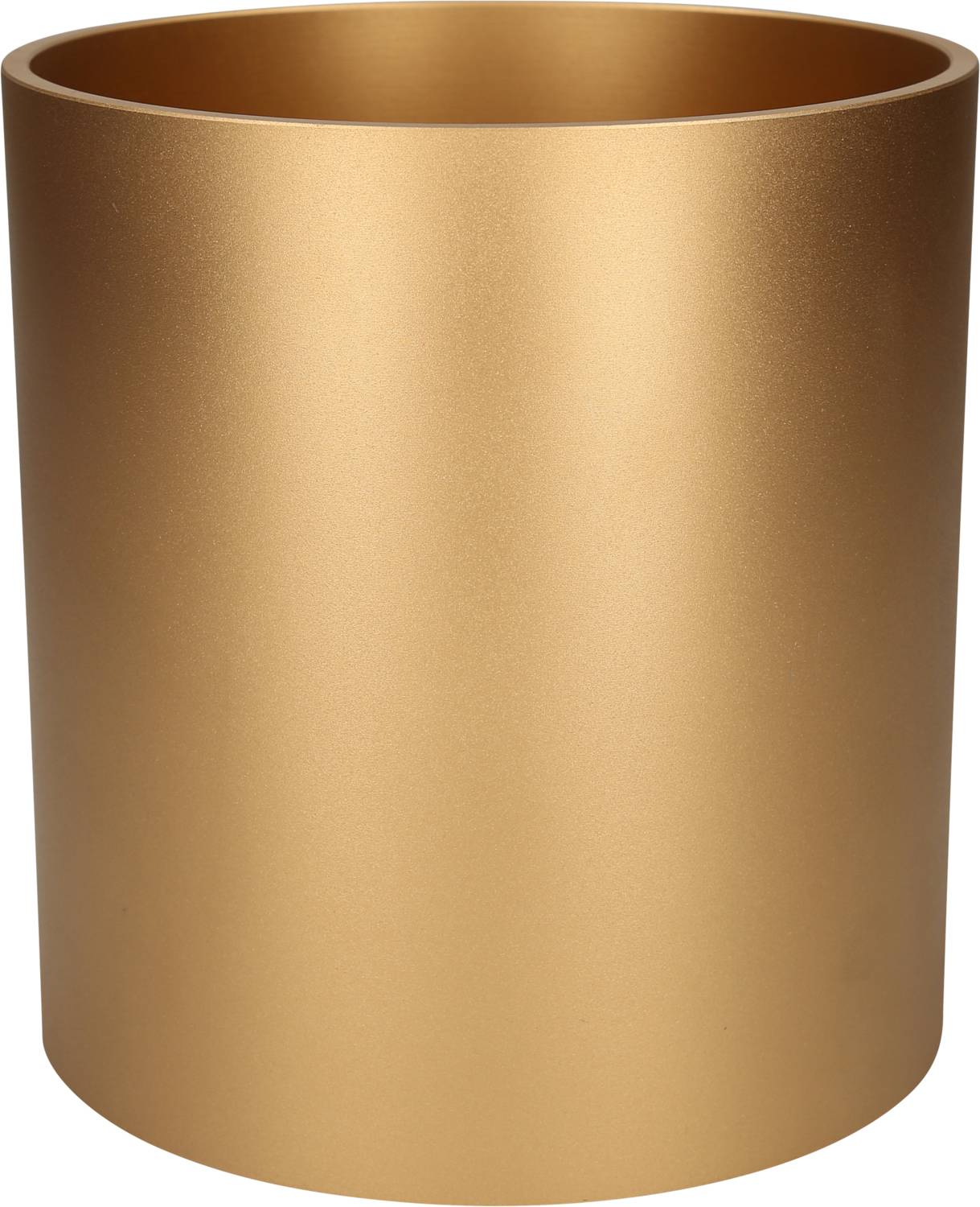 Ein goldener, zylindrischer Mülleimer mit glatter Oberfläche, geeignet für moderne Büro- oder Wohnumgebungen.