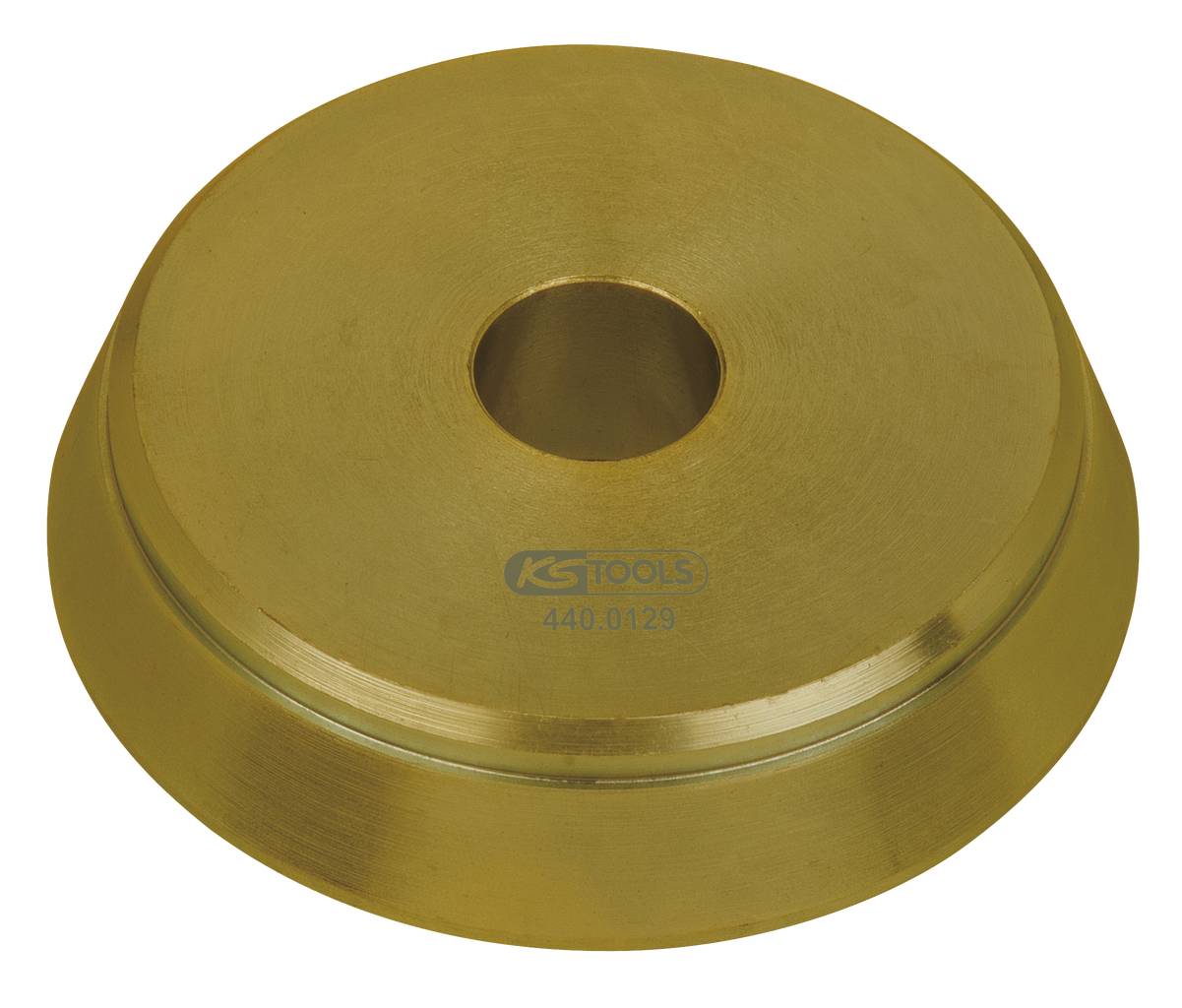 Ein goldenes, kegelförmiges Metallteil mit einem Loch in der Mitte, markiert mit 'KS Tools 440.0129'.