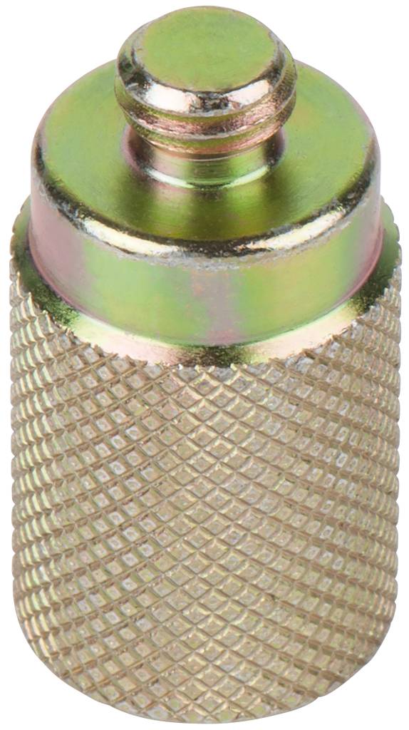 Metallischer Knopf mit geriffelter Oberfläche und rundem, flachen Kopf. Verwendet für mechanische oder elektronische Verbindungen.