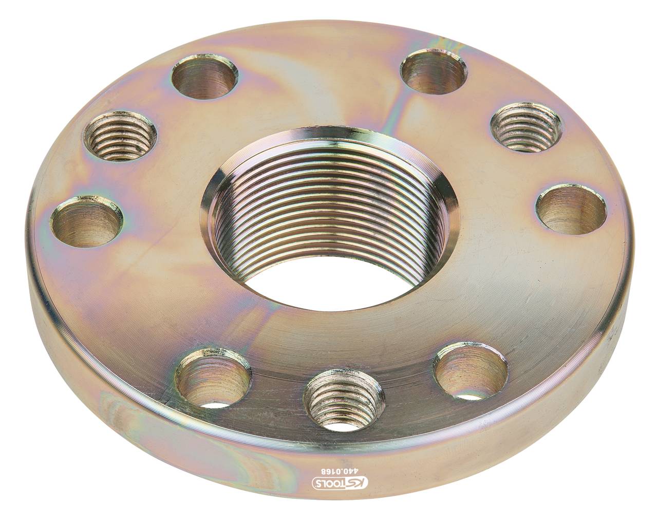 Rundflansch aus Metall mit mehreren Bohrungen und Innengewinde, glänzende Regenbogenoberfläche. Hauptsächlich für Rohrverbindungen.