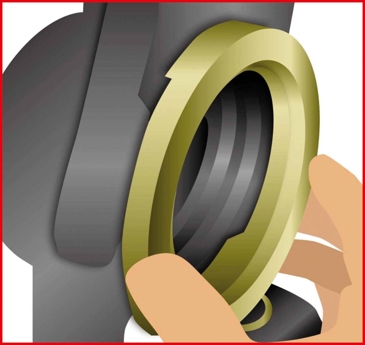 Die Hand einer Person dreht einen goldfarbenen Ring an einem mechanischen Teil. Der Hintergrund ist grau.