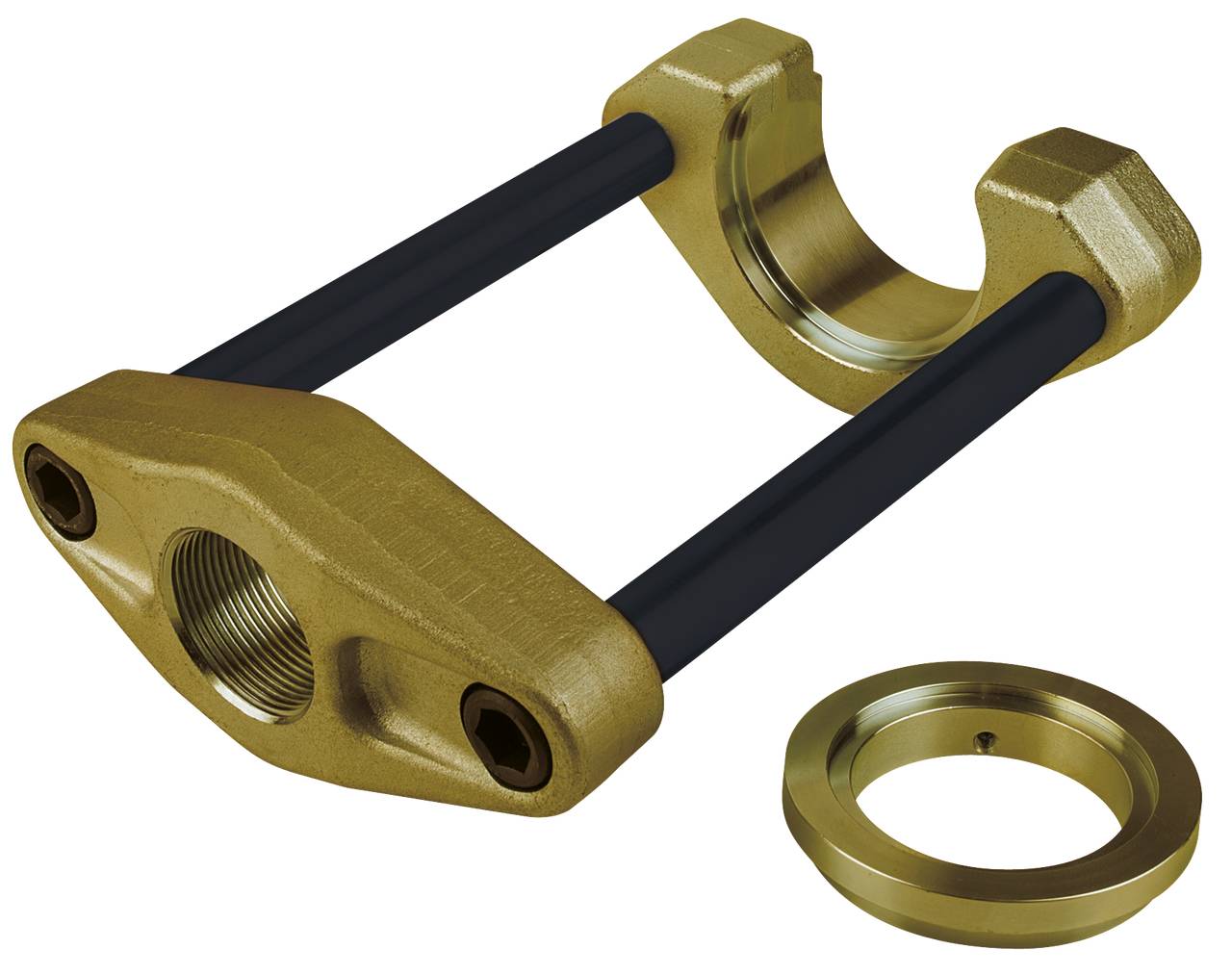 Ein bronzefarbener Rohrausleger mit zwei Rohren und einer zentralen Öffnung. Daneben liegt ein passender Ring.