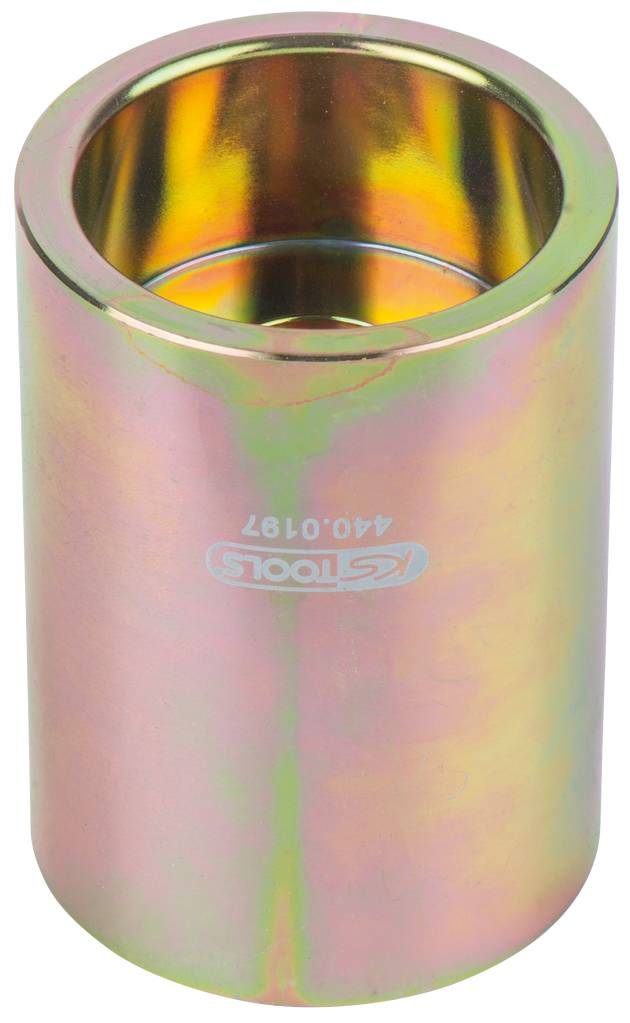 Zylindrisches Metallwerkzeug in glänzendem, regenbogenfarbenem Finish mit aufgedruckter Aufschrift.