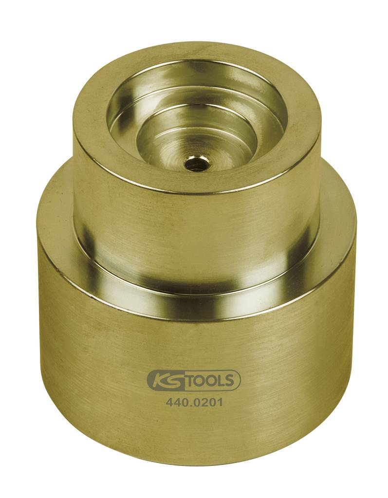 Ein zylindrisches Werkzeug, vermutlich ein Adapterstück, aus Metall mit der Aufschrift 'KS TOOLS 440.0201' auf der Oberfläche.