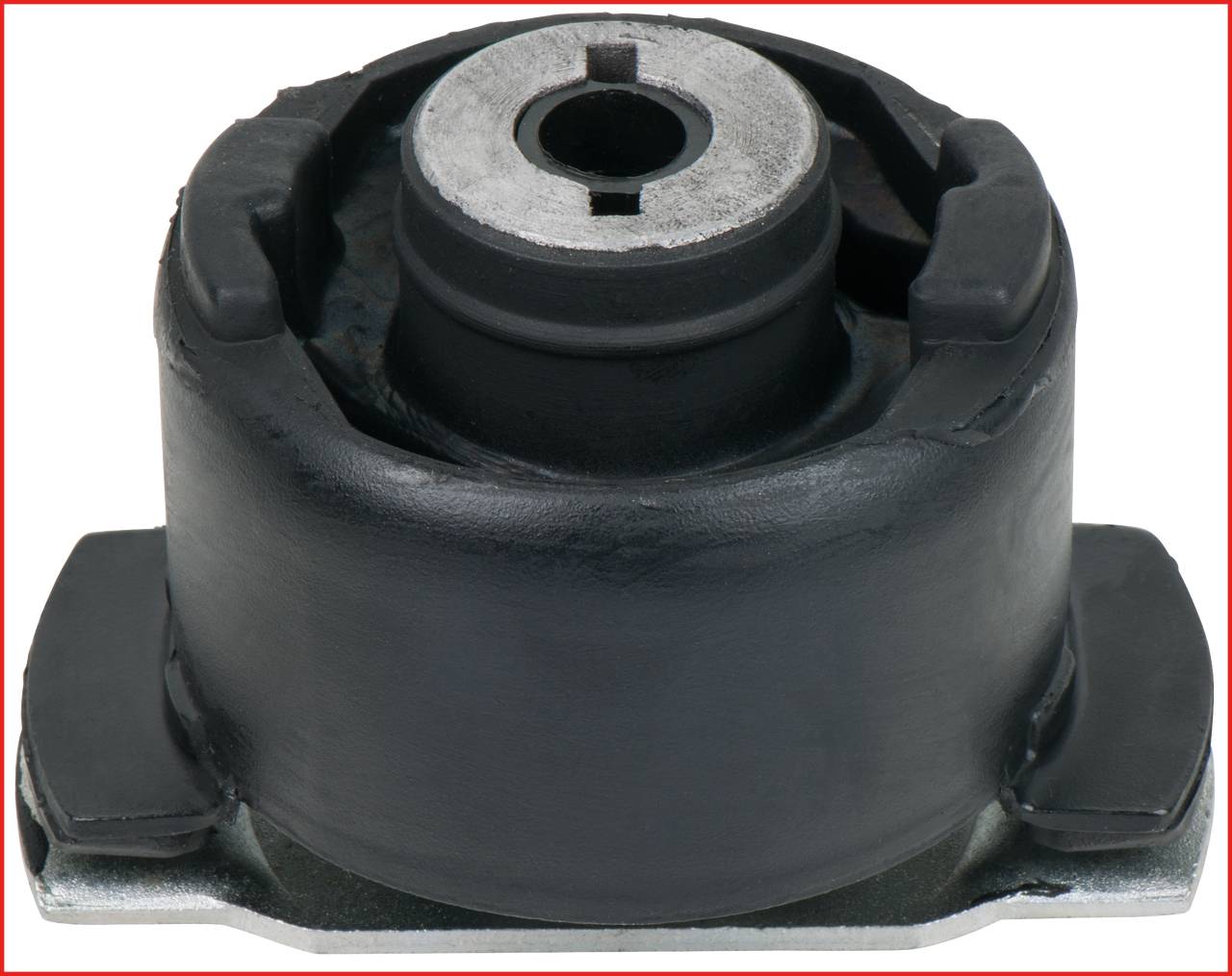 Eine schwarze, zylindrische Metallkomponente aus Gummi mit zentralem Loch, vermutlich Teil eines Fahrzeug- oder Maschinenlagerungssystems.