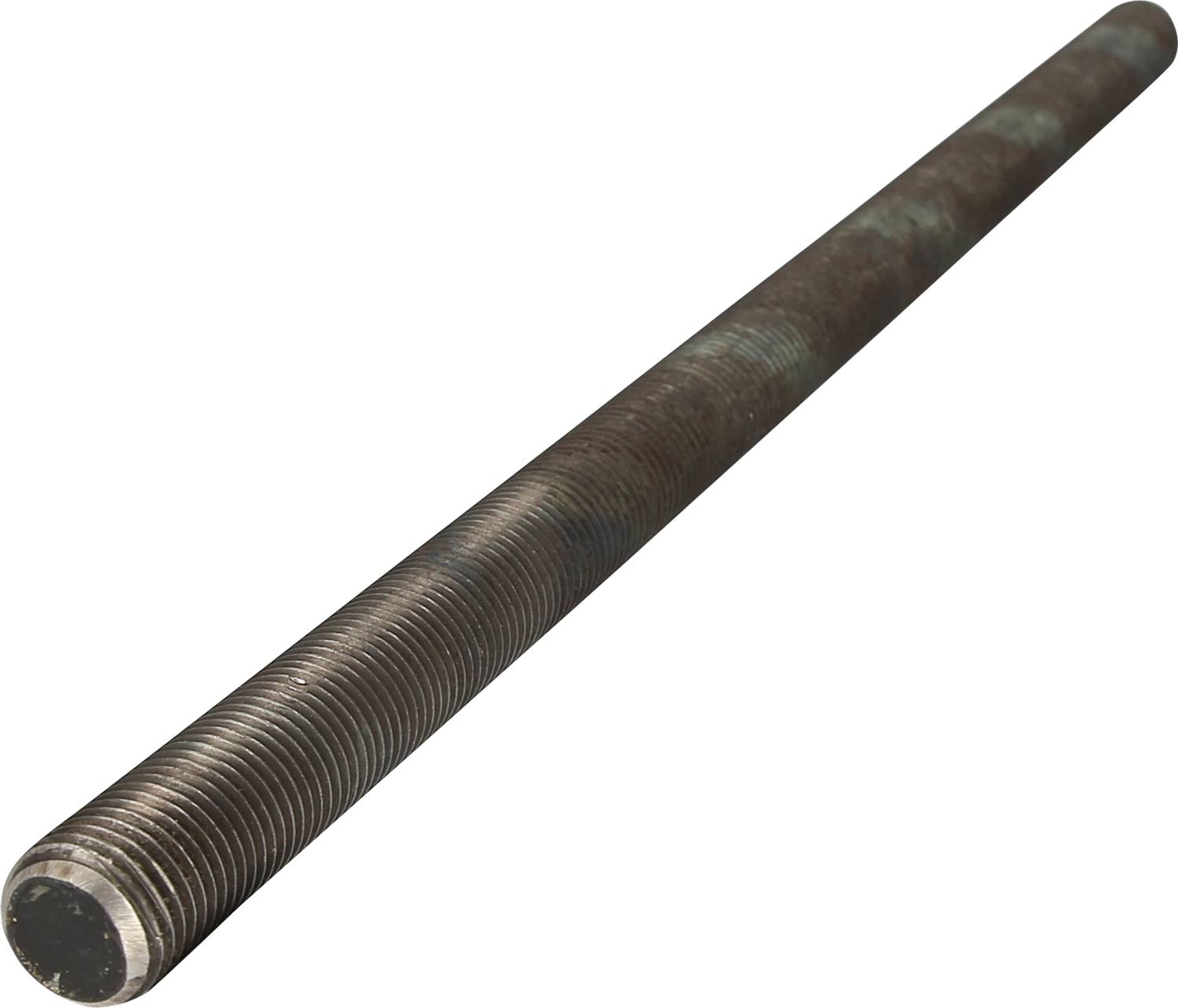 Eine lange, silberne Gewindestange aus Metall mit gleichmäßigen Gewinden entlang der gesamten Länge.