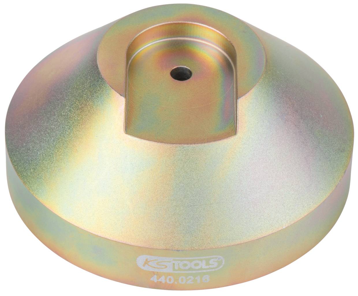 Metallisches Werkzeugteil mit runder Form und zentralem Loch, Label 'KS Tools 440.0216'. Hauptsächlich in Goldtönen.