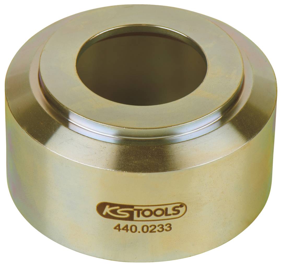 Metallischer Werkzeugaufsatz mit der Aufschrift 'KS Tools 440.0233'. Zylindrische Form mit zentraler runder Öffnung.