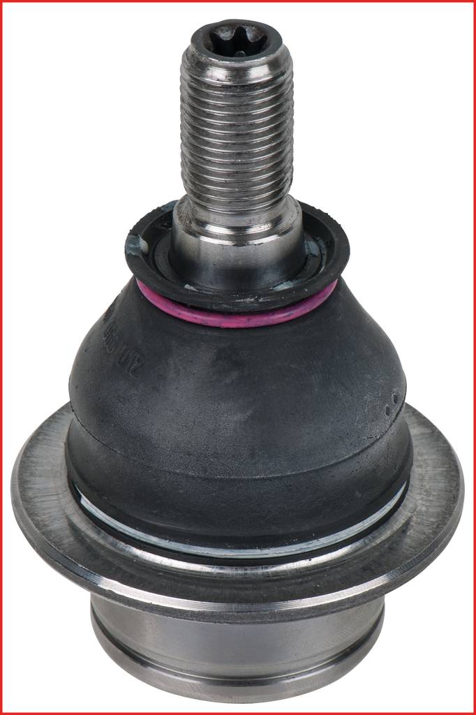 Metallkugelgelenk mit schwarzer Schutzkappe und silberner Basis. Wird häufig in Fahrzeugaufhängungen verwendet.