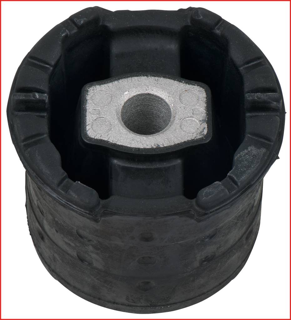Schwarzes, zylindrisches Gummibuchsenbauteil mit metallischer Mitte, verwendet zur Dämpfung in Fahrzeugen oder Maschinen.