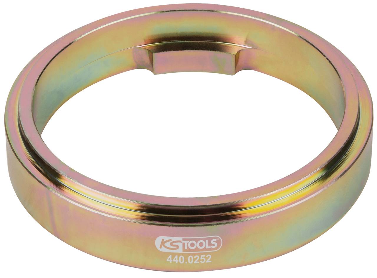 Metallischer Ringschlüssel mit Aufschrift 'KS Tools 440.0252', glänzend mit Regenbogeneffekt, verwendet für Fahrzeugreparaturen.