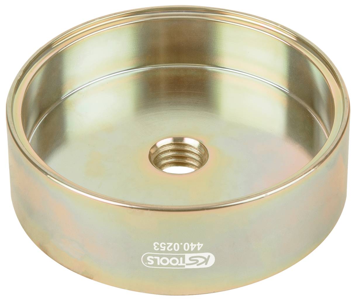 Ein rundes, metallisches Werkzeugteil mit zentralem Loch und gravierter Aufschrift 'KS TOOLS 440.0233'.