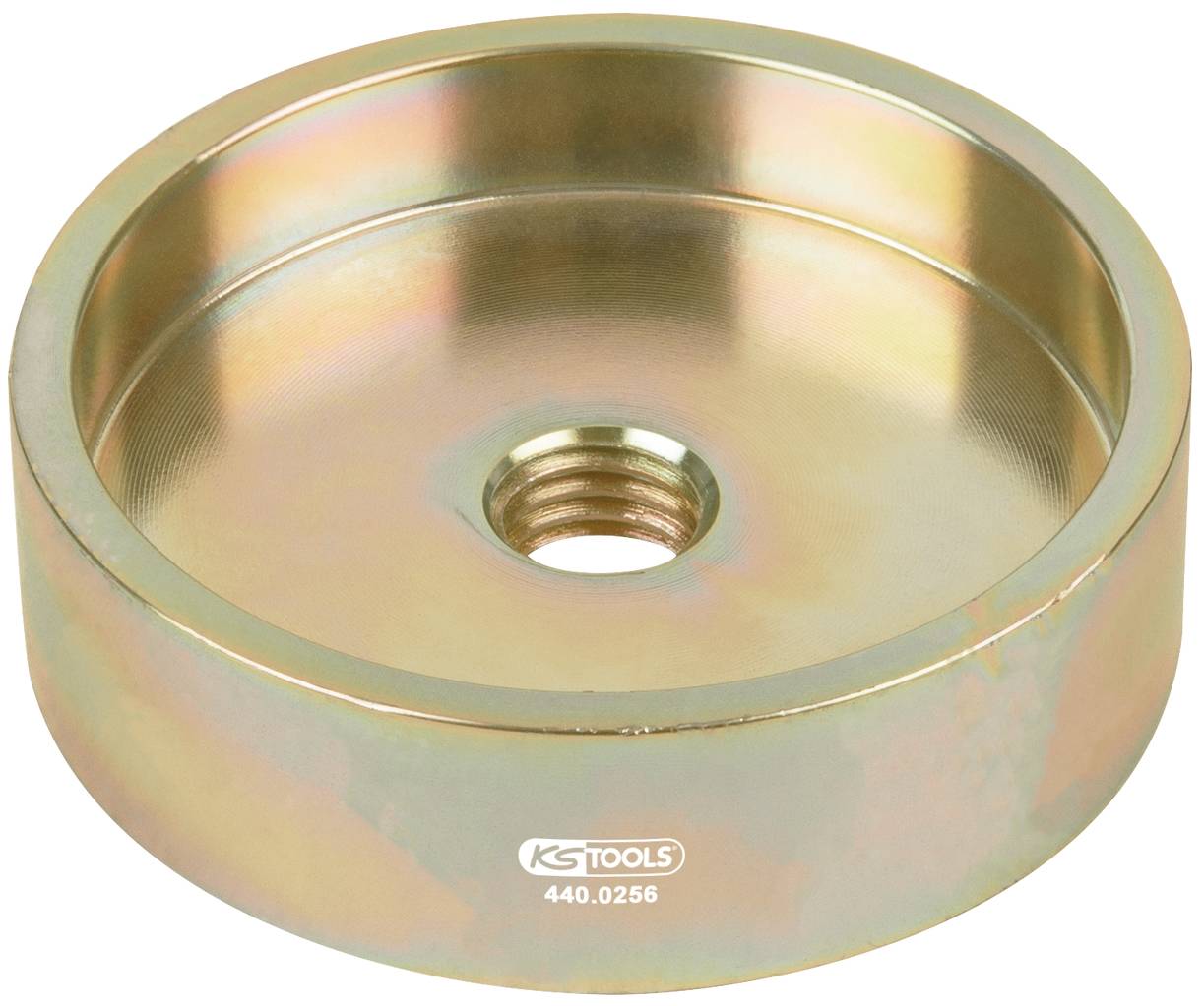 Rundes, metallisches Werkzeugteil mit zentralem Gewinde, verwendet für mechanische Befestigungen. Markierung: 'KSTOOLS 440.0256'.