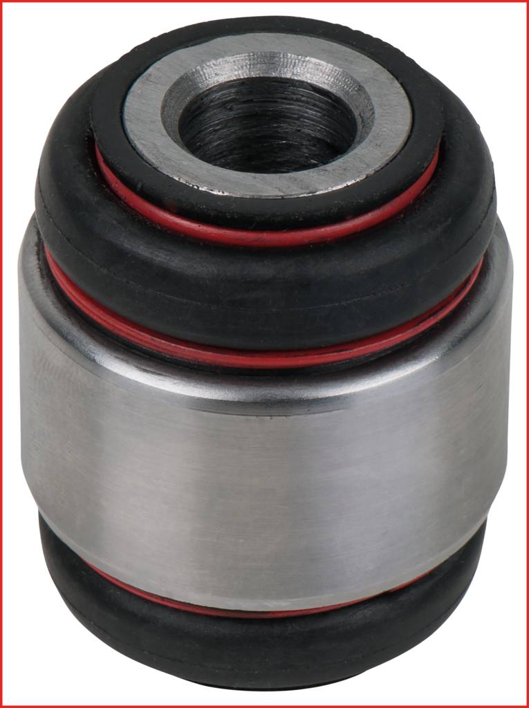 Eine silberne Metallbuchse mit schwarzem und rotem Gummiring. Sie dient wahrscheinlich zur Verbindung oder Dämpfung in mechanischen Systemen.