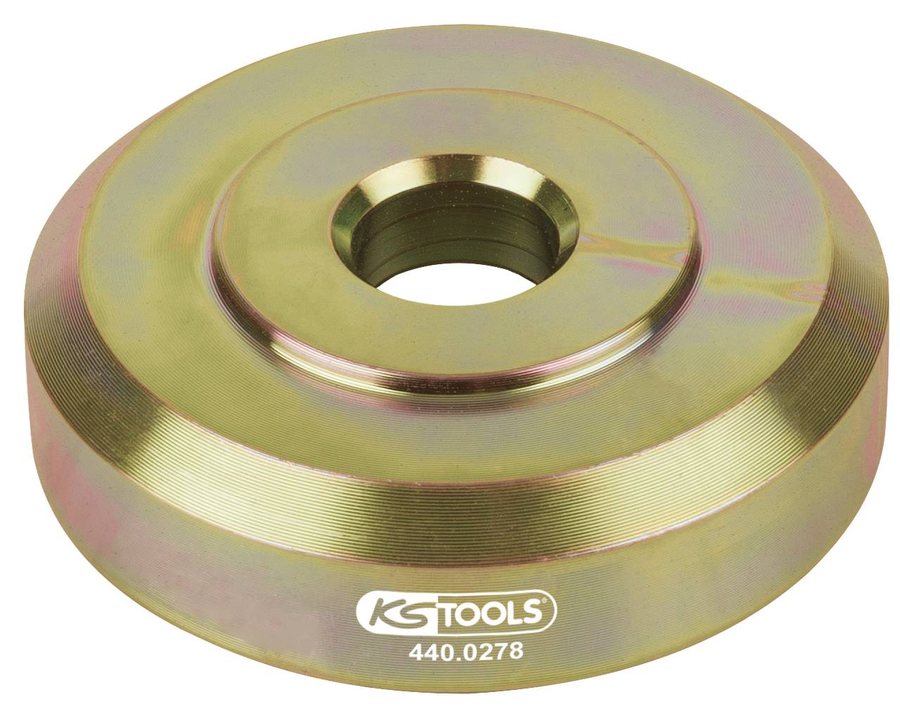 Ein metallischer Halter mit mittiger Bohrung, rund und flach, mit der Aufschrift 'KS TOOLS 440.0278'.