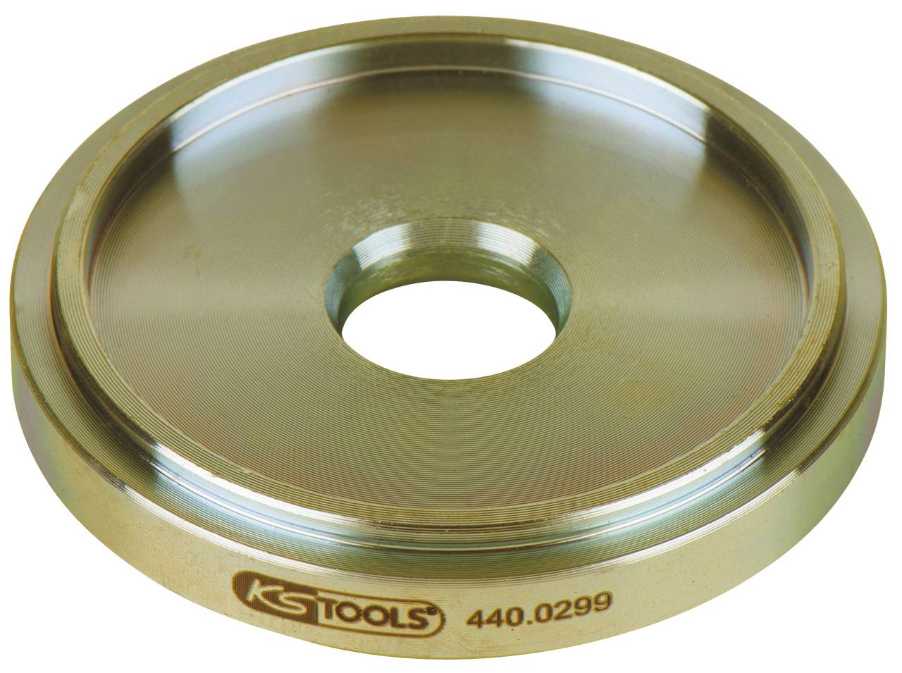 Metallscheibe mit Loch in der Mitte und Gravur 'KS Tools 440.0299' am Rand.