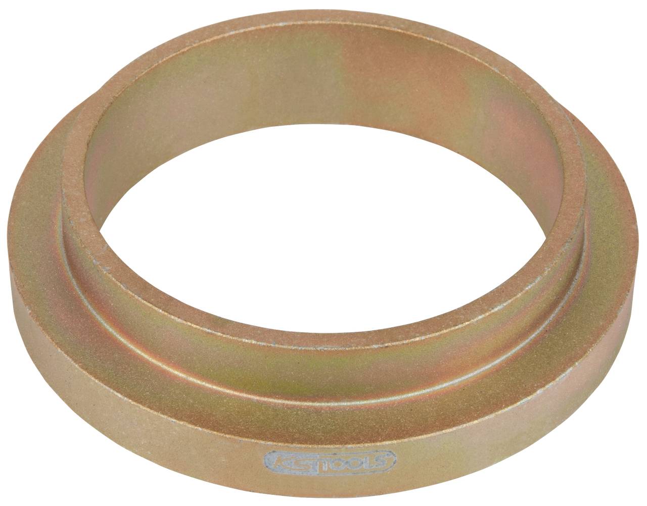 Metallring mit dünnem, flachem Rand. Wahrscheinlich ein Maschinenteil oder Werkzeugkomponente. Gold-gelbliche Beschichtung.