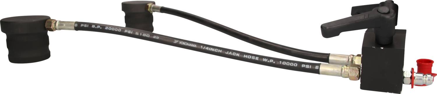 Hydraulischer Verteiler mit zwei Schläuchen und Hebel, verwendet zur Steuerung des Ölflusses in industriellen Anwendungen.