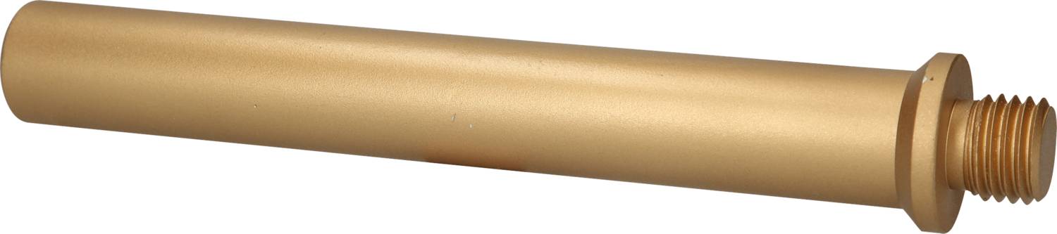 Ein goldfarbener, zylindrischer Metallstab mit Gewinde an einem Ende, möglicherweise Teil eines mechanischen oder Rohrsystems.