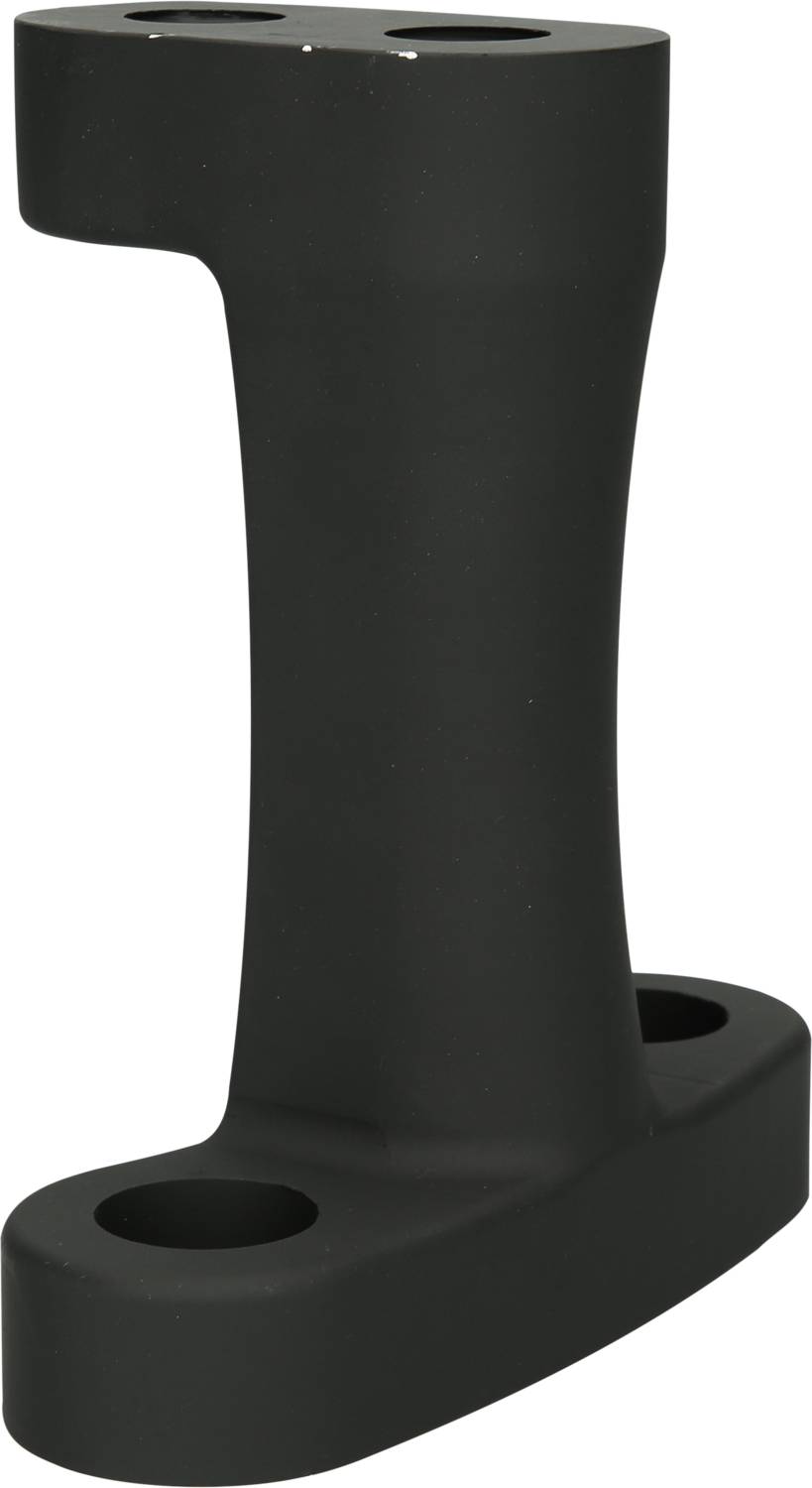 Ein schwarzes, gebogenes Metallteil mit zwei Befestigungslöchern an der Basis und einem an der Spitze, möglicherweise ein technisches Bauteil.