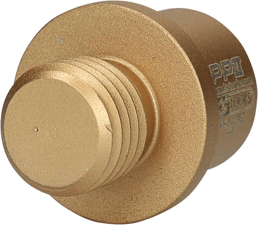 Ein goldfarbenes, zylindrisches Metallbauteil mit Gewinde, möglicherweise ein Adapter oder Anschlussstück. Markierungen sind erkennbar.