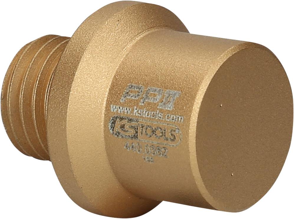 Ein bronzefarbener Adapter mit Gewinde und flacher Oberfläche, bedruckt mit der Marke 'KS TOOLS'.