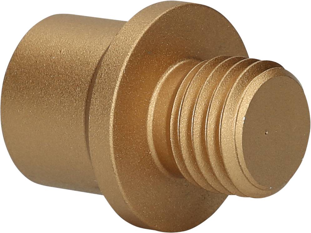 Goldener Metall-Schraubadapter, zylindrische Form, mit einem Gewinde am schmaleren Ende, auf weißem Hintergrund.