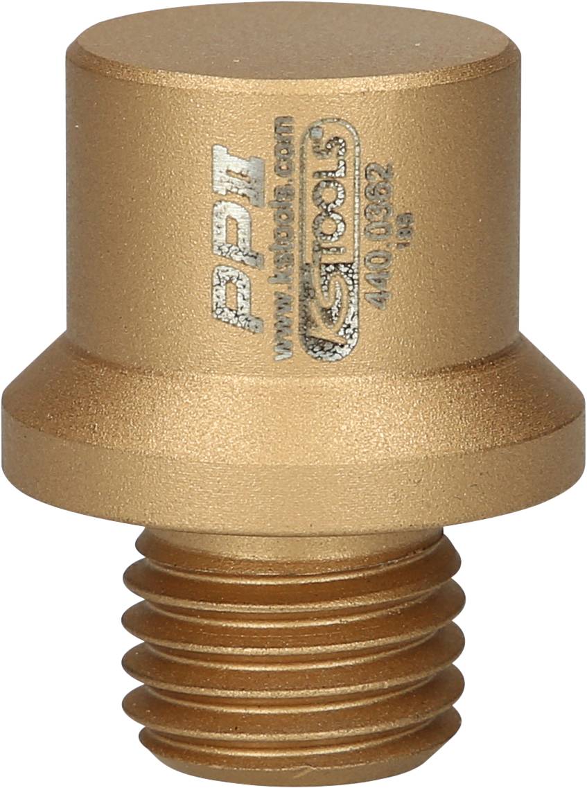 Goldener zylindrischer Metallaufsatz mit Schraubgewinde und Gravur, möglicherweise ein Werkzeugteil.