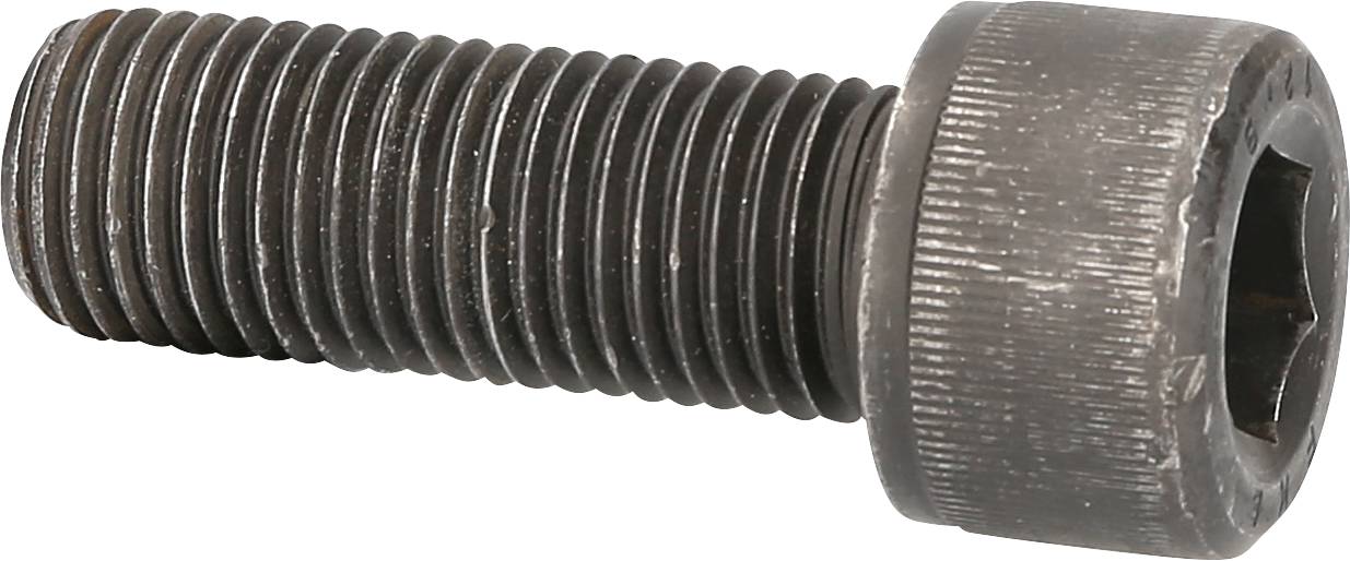 Metallschraube mit Sechskantkopf und Gewinde, seitlich liegend.