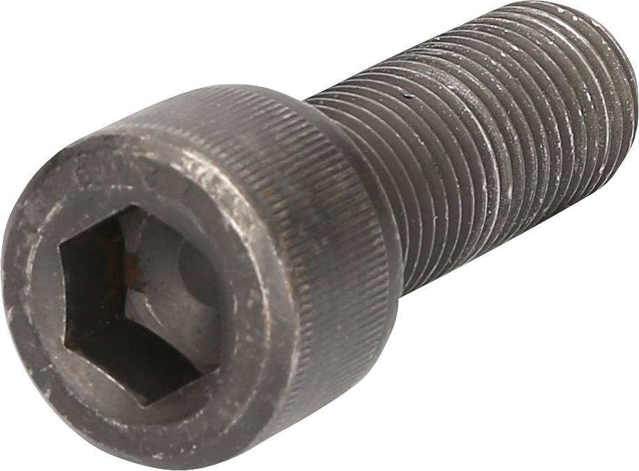 Eine dunkle Sechskantschraube mit Innengewinde und geriffeltem Kopf aus Metall, verwendet zum Befestigen in technischen Anwendungen.