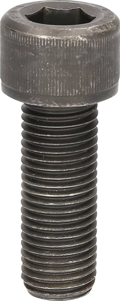 Eine dunkle Metall-Cap-Schraube mit Innensechskantkopf und durchgängiger Gewindeseite, senkrecht positioniert.