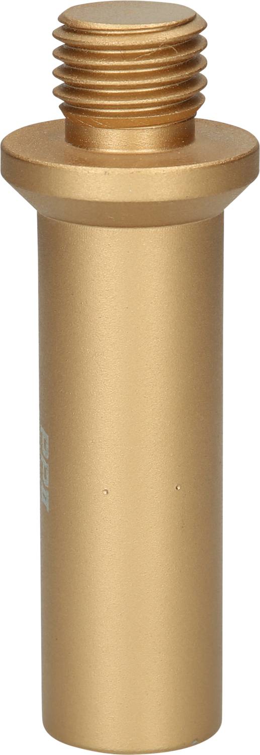 Ein bronzefarbener Metallzylinder mit Gewinde an einem Ende, möglicherweise ein Bauteil oder Adapter.
