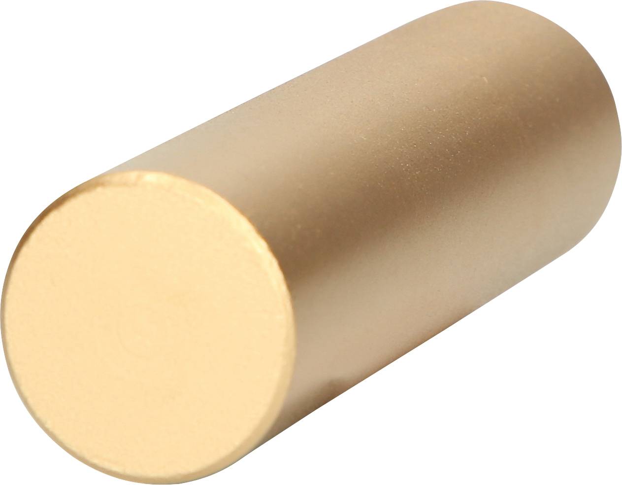 Ein zylindrischer, goldfarbener Magnet mit glatter Oberfläche, liegend auf einer weißen Hintergrundfläche.