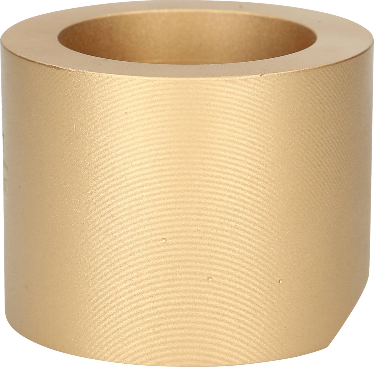 Goldene, zylindrische Metallhülse mit offenem Boden und abgeschrägter Kante, möglicherweise ein Teil eines technischen Geräts.