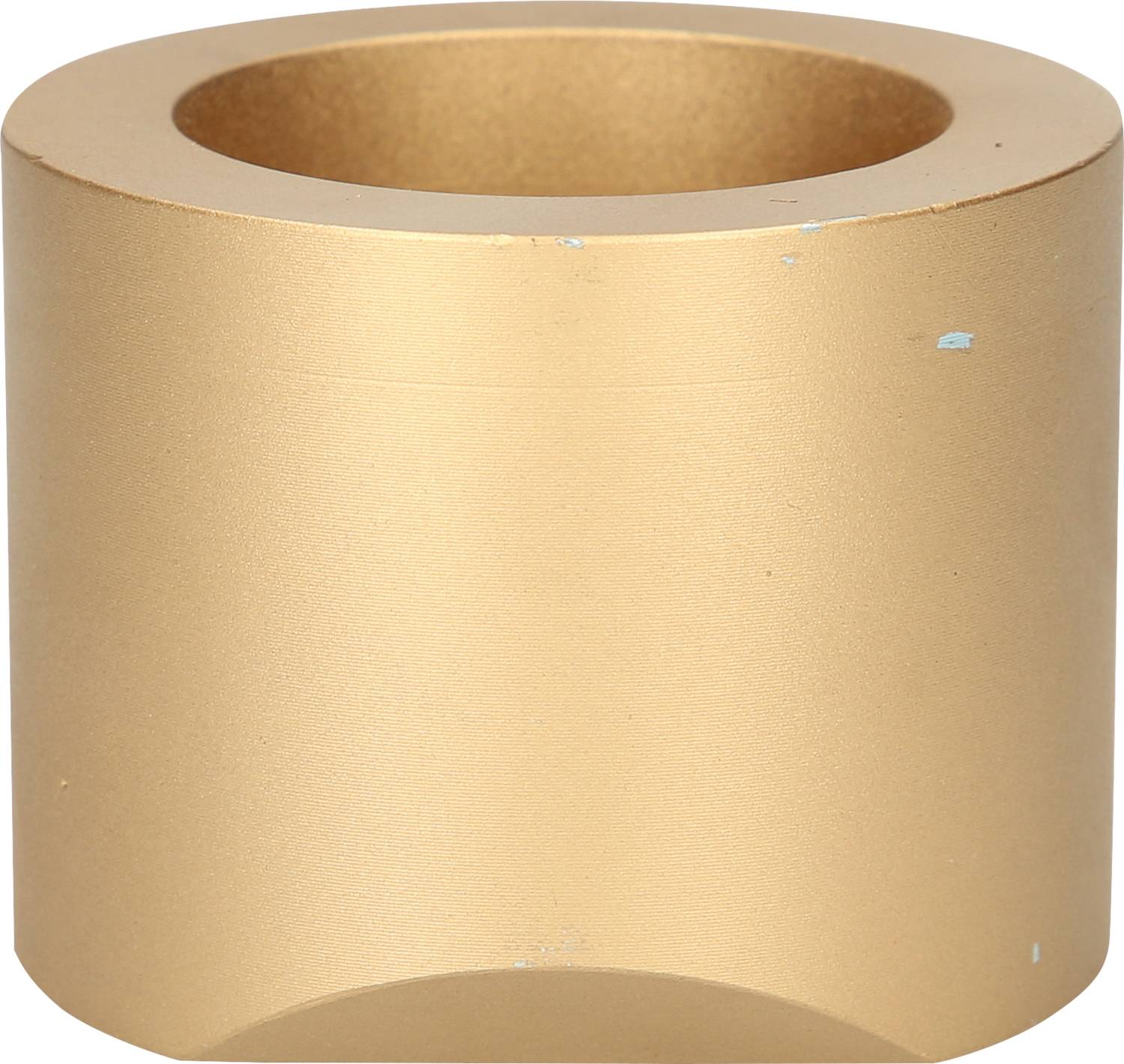 Goldener, zylindrischer Metallhalter mit offenem oberen Ende, wahrscheinlich für Stifte oder andere kleine Gegenstände geeignet.