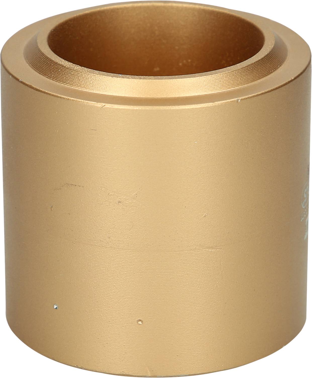 Metallischer, goldener Zylinder ohne sichtbare Verzierungen oder Aufschriften, steht aufrecht.