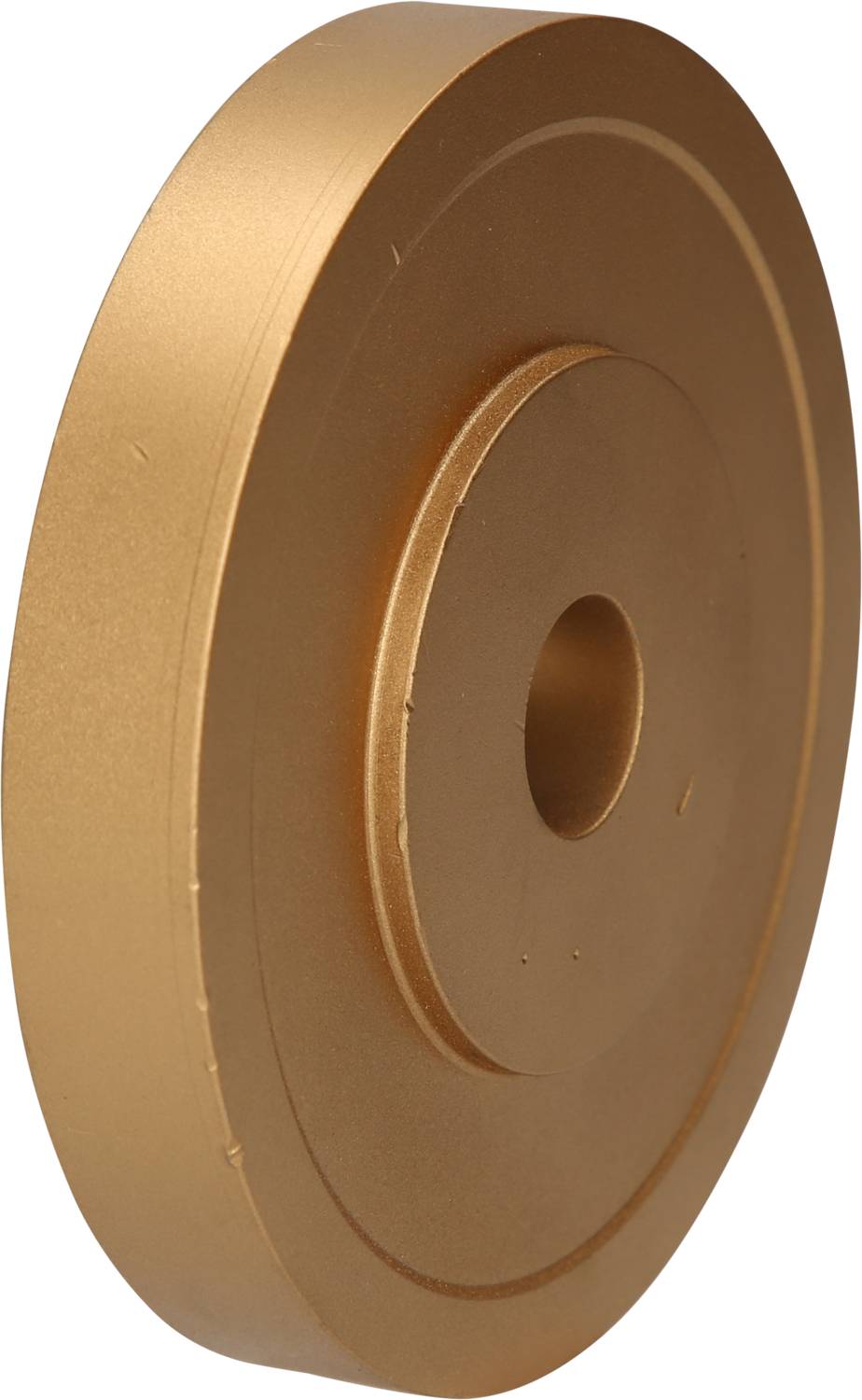 Goldene Metallscheibe mit zentralem Loch, von der Seite betrachtet. Sie hat kreisförmige Erhebungen und eine glatte Oberfläche.